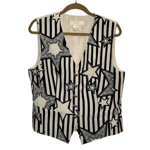 Escada 100% Silk Made in Italy Size 42 US 12 Black White Stars Striped Vest